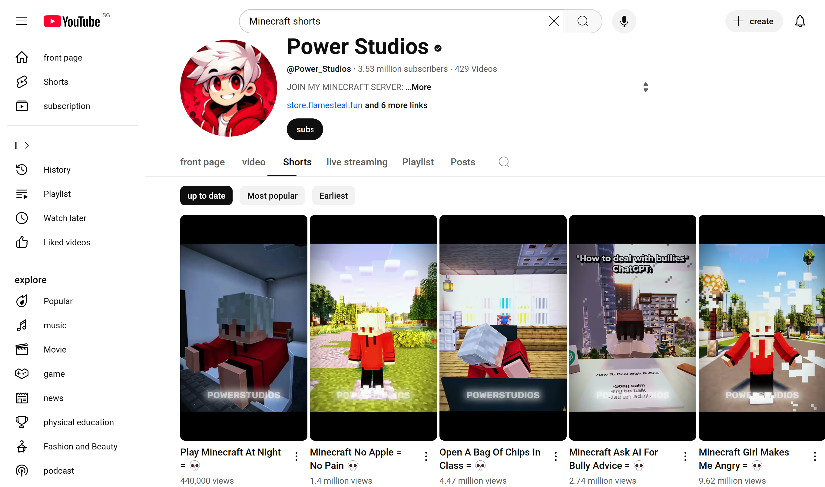 Power Studios YouTube Minecraft Şort kanalı trend olan videoları sergiliyor