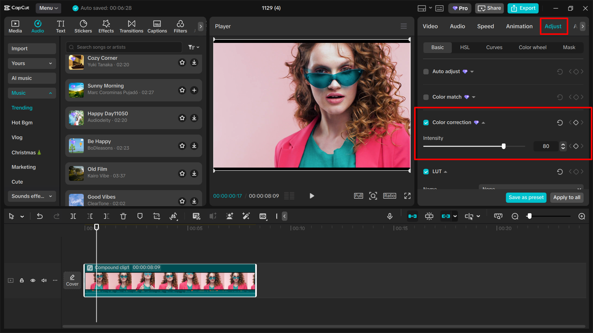 Color correction tool in CapCut
