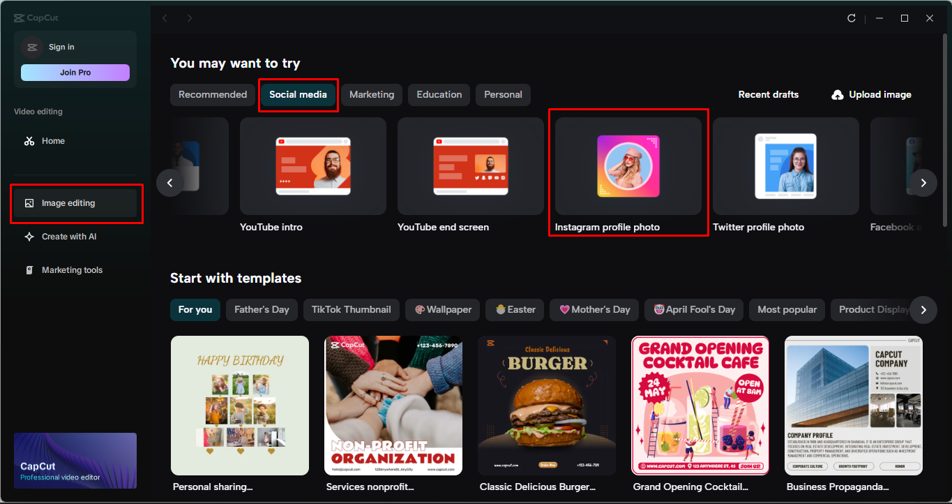 Larawang nagpapakita kung paano pumili ng template ng profile sa Instagram sa CapCut desktop video editor