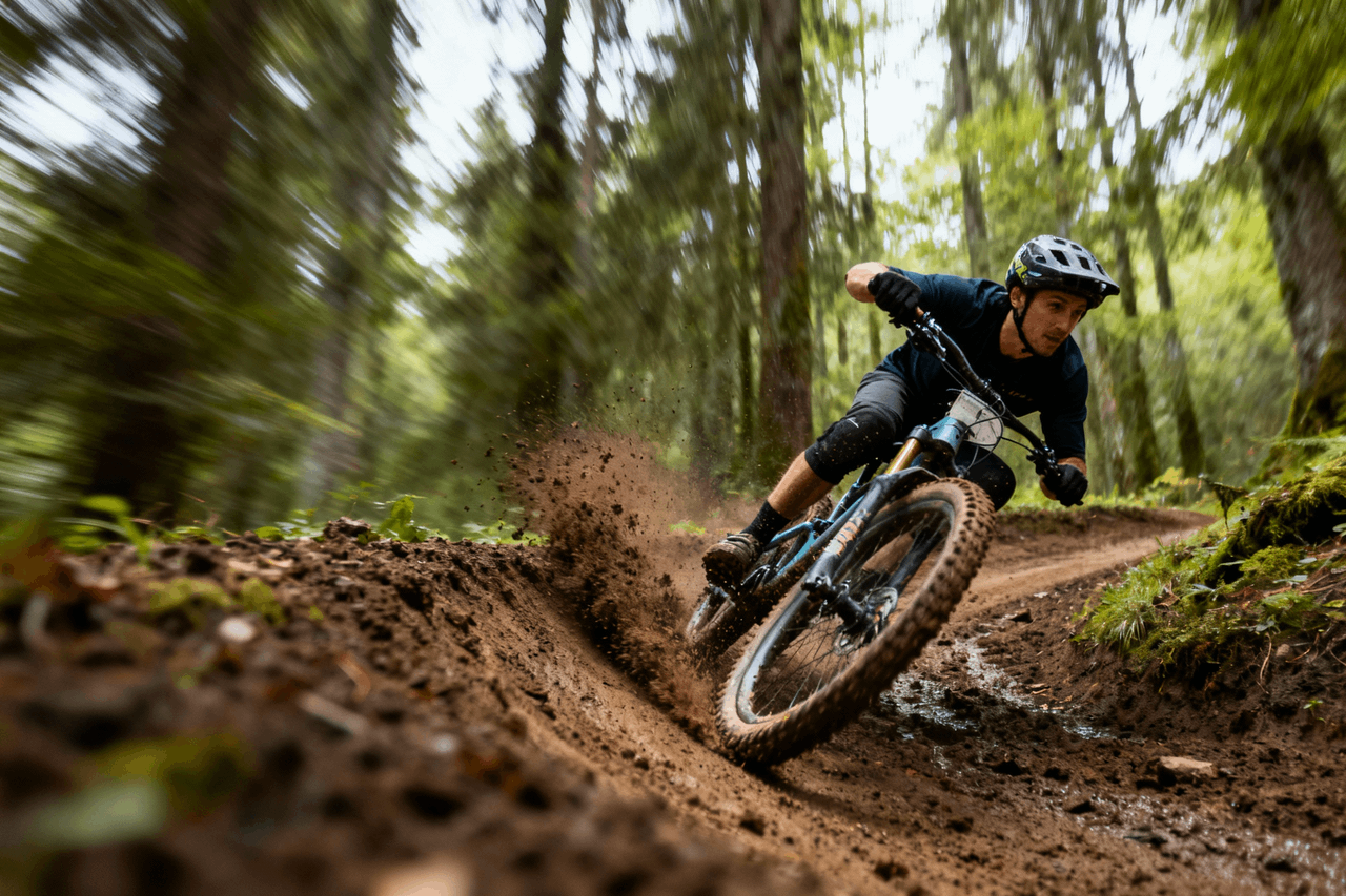 En mountainbiker på en skogsgrusväg