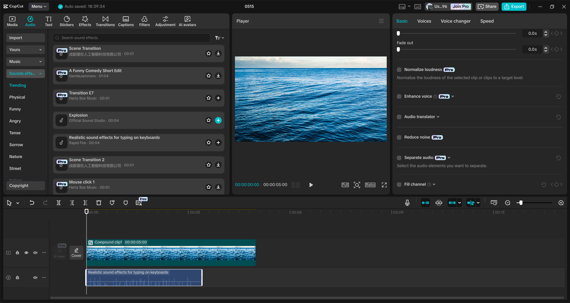 Interface de l' CapCut éditeur vidéo de bureau - un moyen facile d'ajouter des effets sonores océaniques aux vidéos