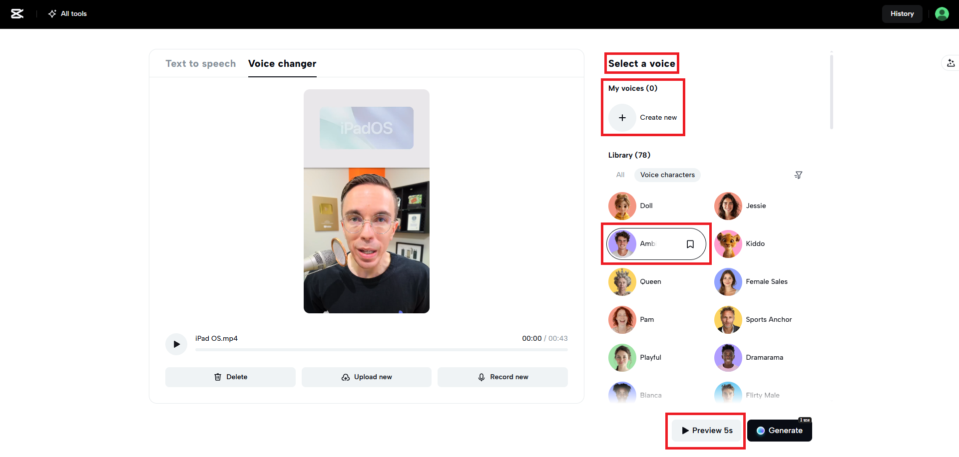 Choose a new voice for your video or audio