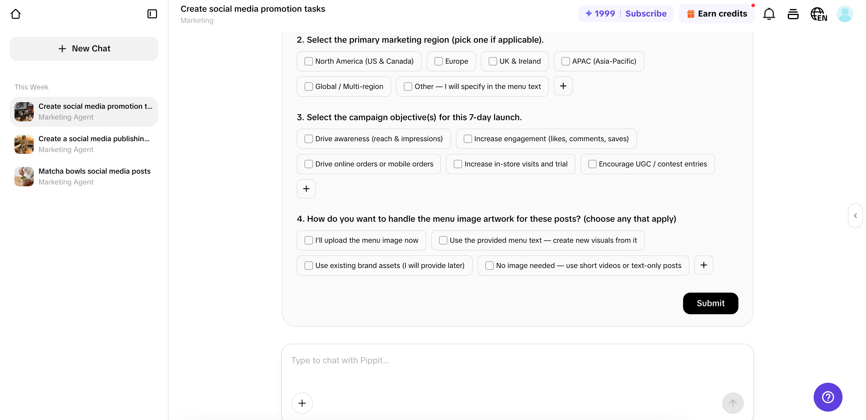 Select options and submit